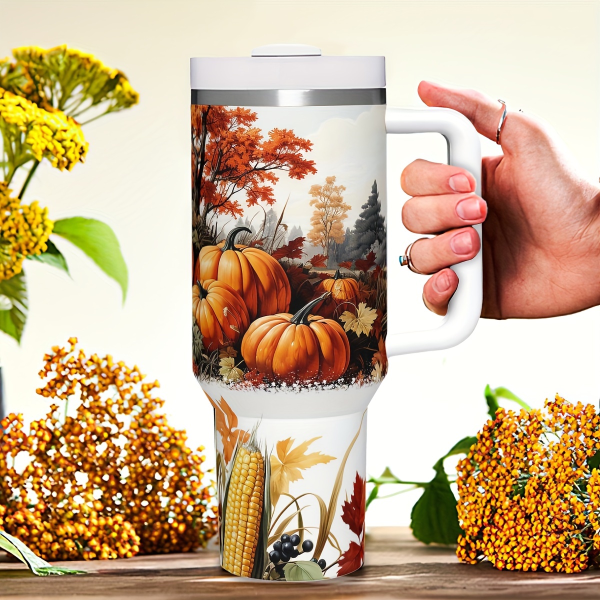 Travel Accessories Gift Ideas - 1pc 40oz Autumn Pumpkins Insulated Tumbler